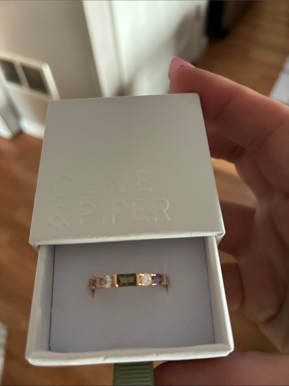 Olive and Piper! Size 9 Gold Ring with Green and Pink Stones